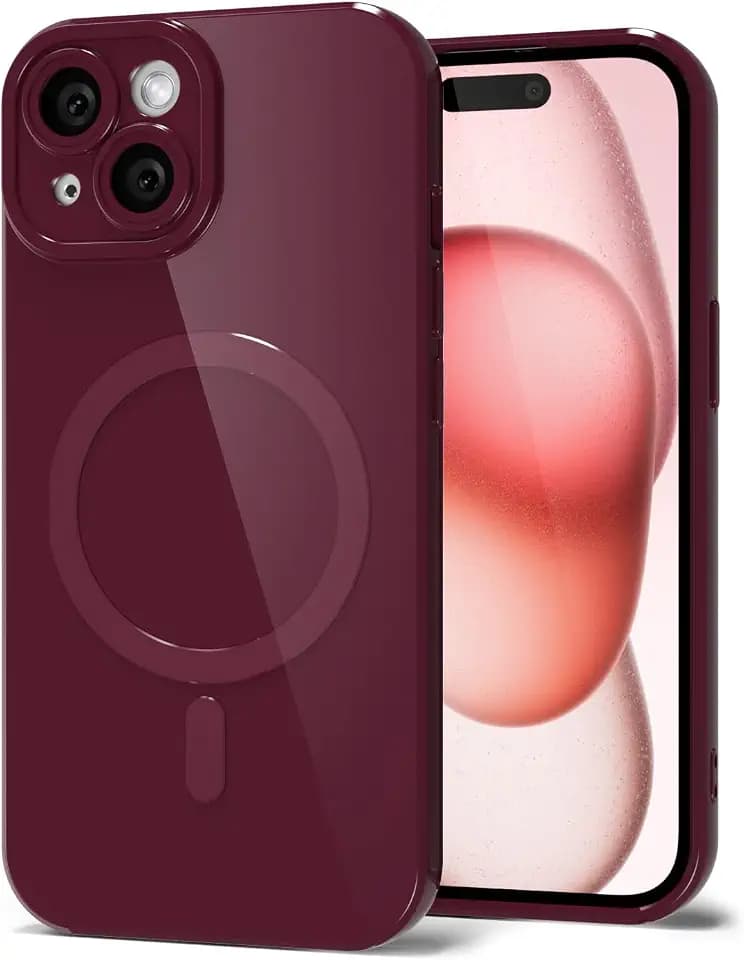 Svanove for iPhone 15 Phone Case Silicone Magnetic, Compatible with Magsafe Case Cute for Women, Girly Glossy Jelly Rubber Thin Slim Hard Plastic Mag Safe & Camera Cover Protection, Burgundy Maroon