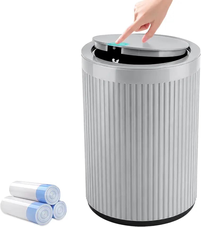 Small Bathroom Trash Can with Lid 2.1 Gallon Plastic Garbage Can Grey