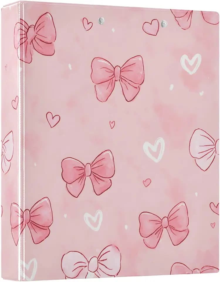 3 Ring Binder White Pink Bow Heart 1.5 inch Binders Three Ring Binders with Clipboard Fit 8.5'' x 11'' Paper 3 Interior PVC Clear Pockets for Office Supplies