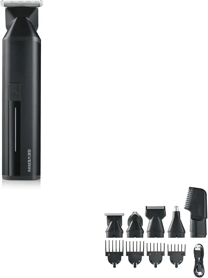Severin Multi Grooming Set, Haarschneidemaschine, Barttrimmer, Körpertrimmer, Nasenhaartrimmer, Herren, wasserdicht, kabellos, 90 Min. Akku, 6 in 1, 3/6/9/12 Schnittlängen, schwarz, HS 0710