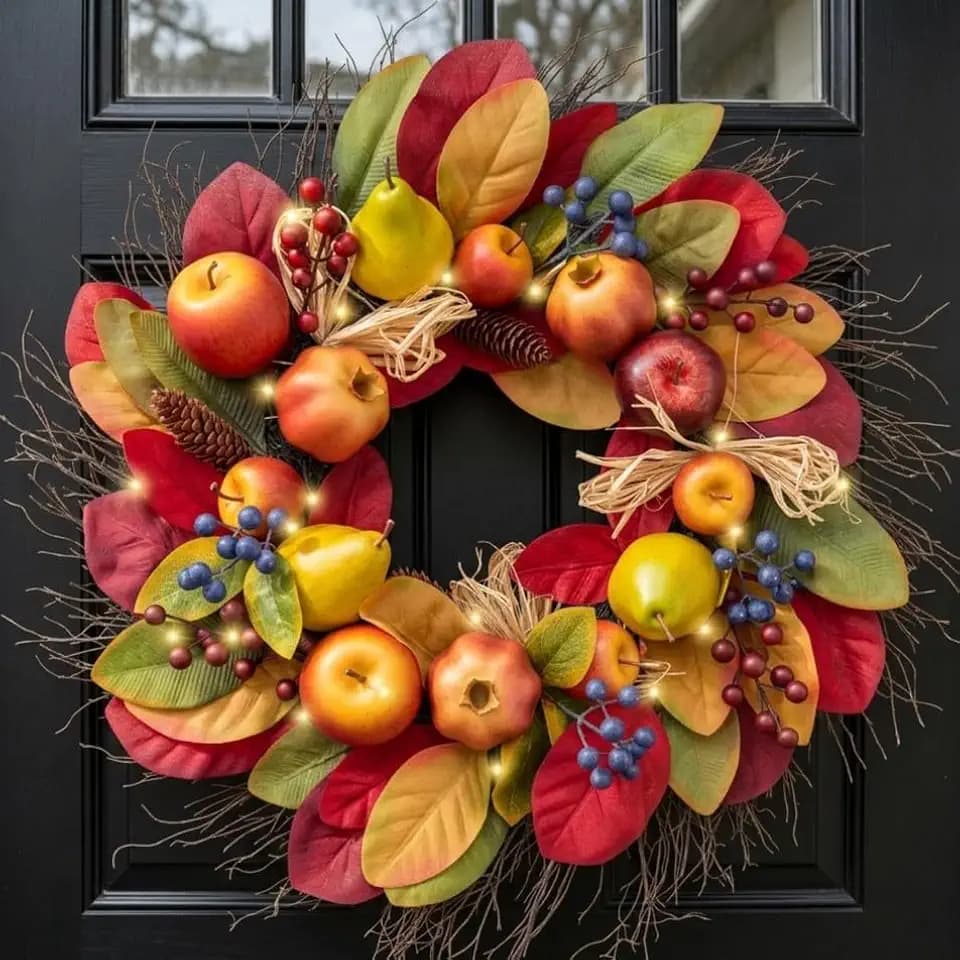 Valery Madelyn 24'' Collapsible Pre-Lit Fruits Fall Wreath for Front Door