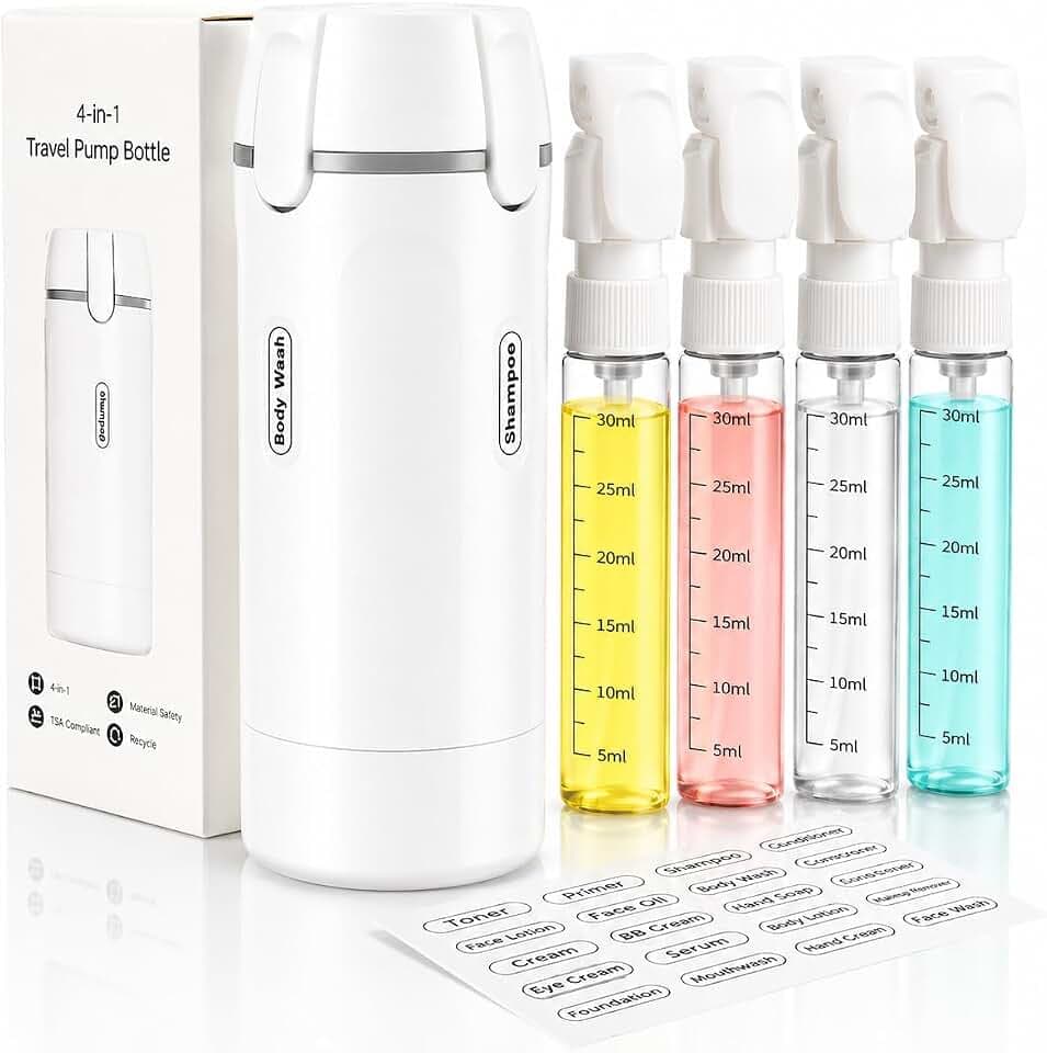 4 in 1 Travel Dispenser Bottle, TSA Approved Leak Proof Refillable Toiletry Containers for Shampoo, Conditioner, Lotion & Skincare – Easy Clean Travel Bottles for Gym, Business