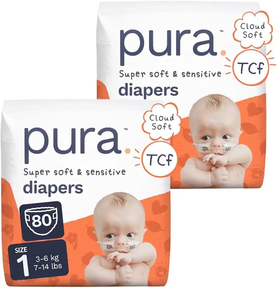 Pura Baby Diapers Size 1 (7-14 lbs) 80 Count Sensitive Skin