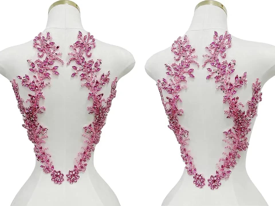 Handmade Beaded Crystal Patches with Rhinestone Applique Designs for Prom Formal Dress 1pair/Bag (Pink)