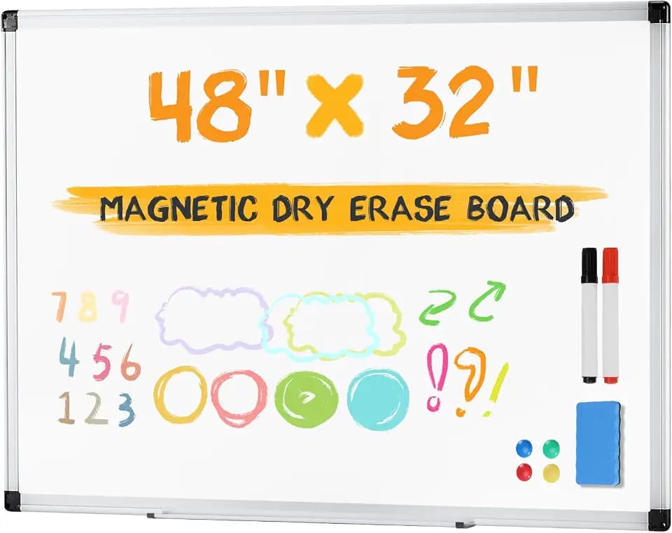 NEWBULIG White Board, 48" x 32" Magnetic Dry Erase Board for Wall with 1 Dry Eraser & 2 Multi-Color Markers & 4 Magnetic Pins, Silver Aluminum Frame for Office, Home, School