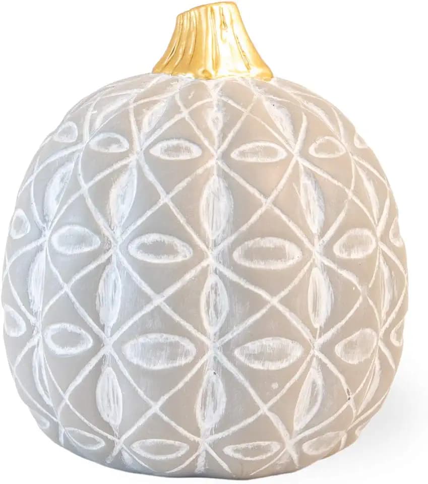 Decorative Pumpkin Figurine, 5.5 x 7-Inches, Grey Diamond Flower