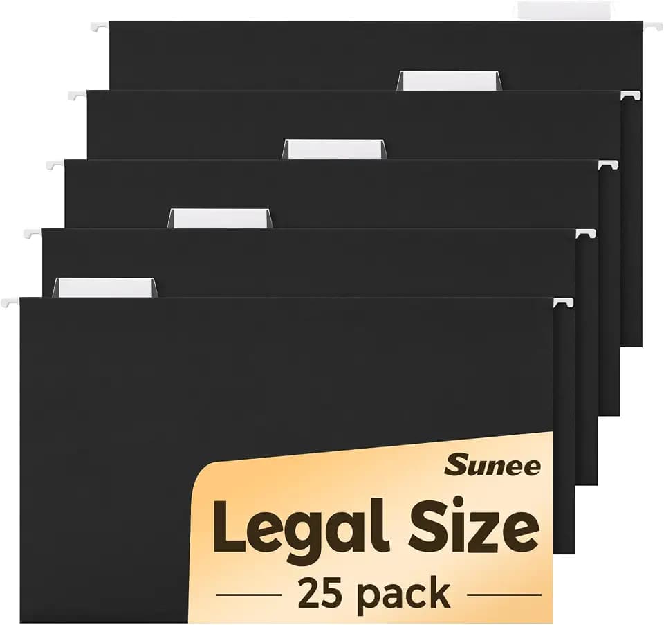 SUNEE Legal Size Hanging File Folders (9.2"x14.8"), Black File Folders 25 Pack 1/5-Cut Tabs, Stay Organized for Your Home and Office Bulk File and Documents