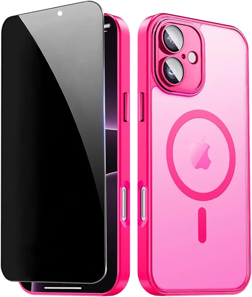 Magnetic for iPhone 16 Plus Case with Privacy Screen Protector & Built-in Camera Protection, Compatible with Magsafe, Shockproof Protective Cover for iPhone 16Plus Woman Girls - Hot Pink
