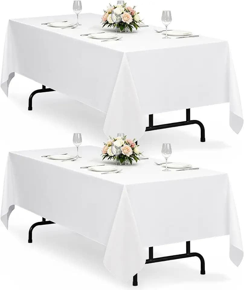 Decorelia White Reusable Waterproof Table Cloths for 8 Ft Rectangle Table-2 Pack, Washable Polyester Rustic Rectangular Table Cloth Cover for Wedding,Outdoor,Events, Party,Banquet, Dining, 60x120 Inch