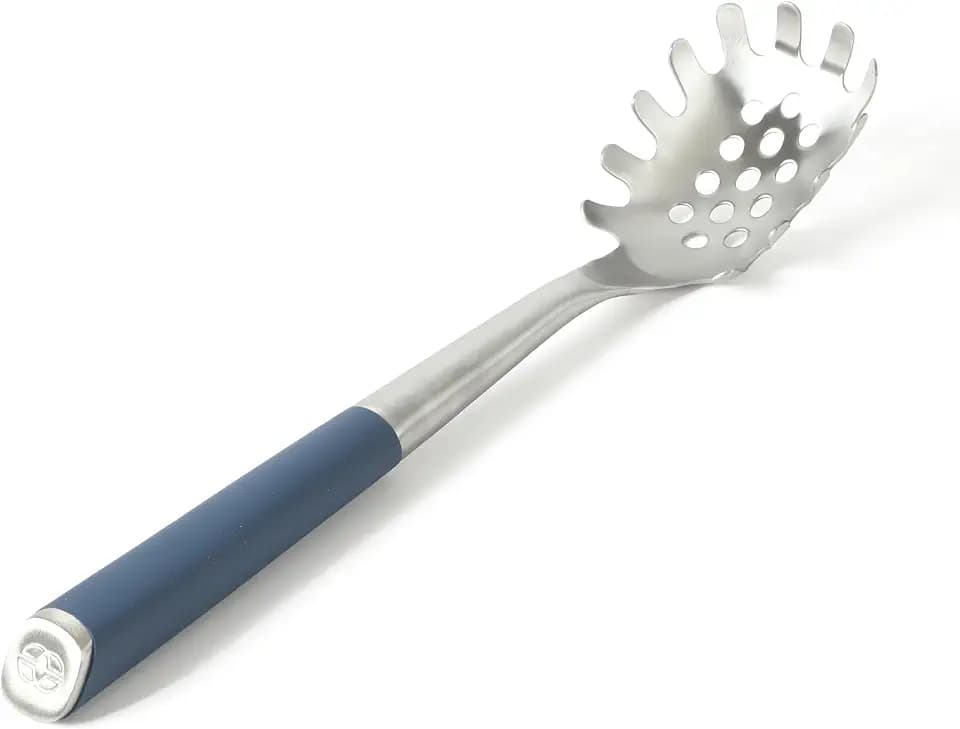 Calphalon Edge Pasta Server, Stainless Steel Spaghetti Server with Silicone Handle, Heat-Resistant Nonstick-Safe Pasta Serving Fork for Easy Serving, Navy - Navy Blue