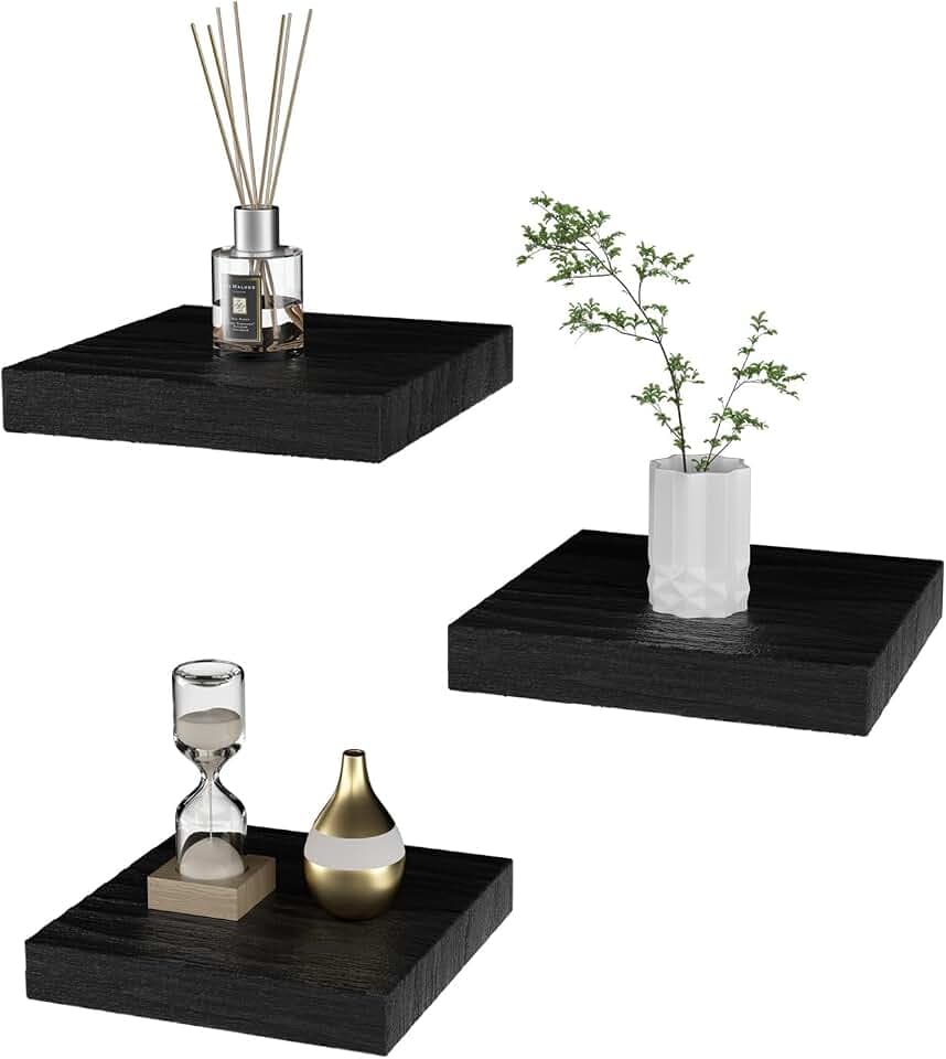 PopiShelves Small Floating Shelves for Wall - 6 Inch Mini Square Black Shelves for Bedroom, Living Room, Bathroom, Kitchen, Office Decor Set of 3