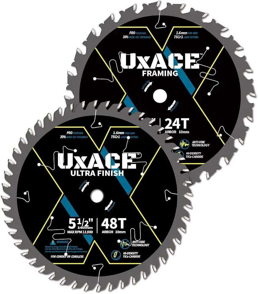 5-1/2-Inch 24&48-Tooth Circular Saw Blade with 10 mm Arbor, Framing & Ultra Finish Wood Cutting, Carbide Tip, Thin Kerf, for Plywood, MDF, OSB, Laminated, 2 Pack