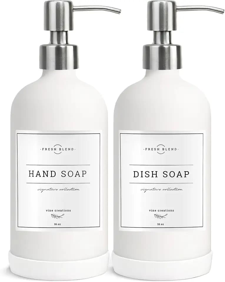 Vine Creations White Glass Soap Dispenser, 2 Pack Kitchen Soap Dispenser Set with Stainless Steel Pump, 16 oz Dish Soap and Hand Soap Dispensers for Bathroom with Waterproof Labels