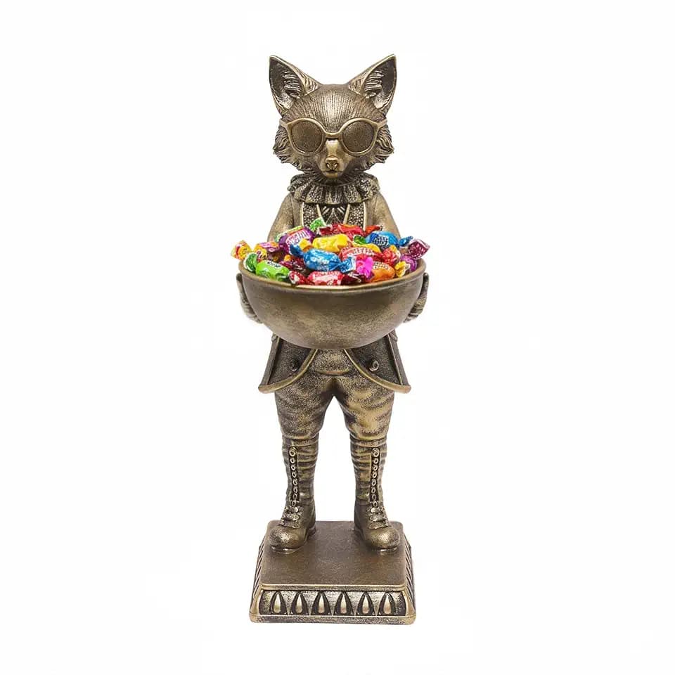 Home Decor Gift 12.6 Inch Vintage Fox Statue with Bowl, Resin Fox Figurine Serving Tray, Multifunctional Key Candy Purse Holder Bowl, Jewelry Dish Ring Holder, Desktop Tabletop Art Decor