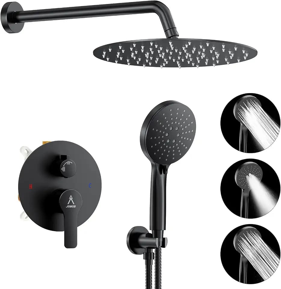 Shower Faucet Set 12IN Brass Rough-In Valve Body Trim Kit Rainfall Included Handle Accessories Complete 2 Functions with Rain Head and Handheld Bathroom Systems (12'', Matte Black)