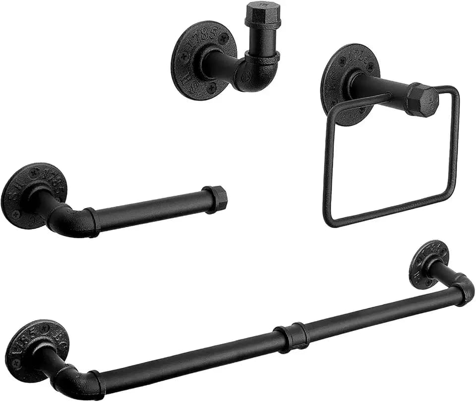 4-Pieces Industrial Pipe Bathroom Towel Ring Kit DIY Wall Mount Accessories Kit Includes Robe Hook Towel Bar and Towel Ring (24 inch)