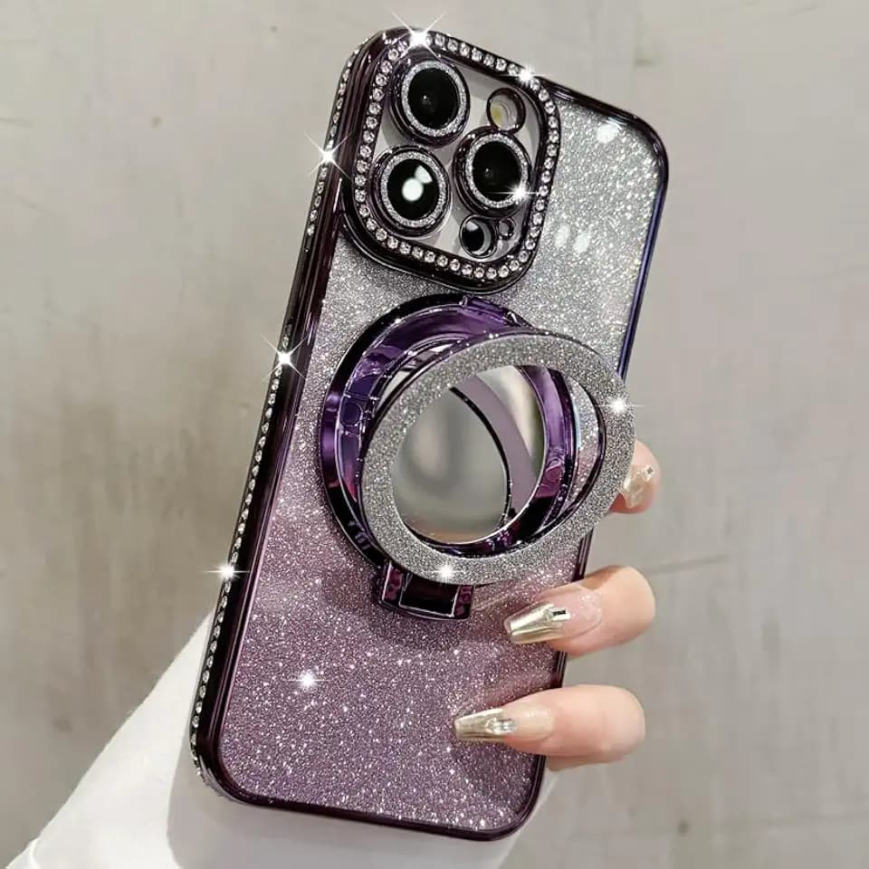 Mirror Kickstand Glitter Diamond Case for iPhone 15 14 13 12 Pro Max,Magnetic Stand Holder,Camera Lens Protector Compatible with Magsafe, Rhinesetone Bing Cover Case (Purple,for iPhone 15 Pro)