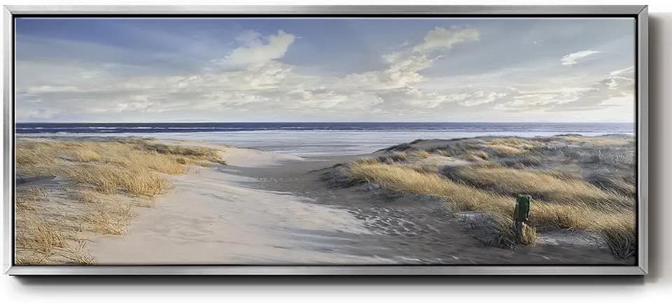 Renditions Gallery Floater Frame Abstract Paintings Sandy Path to the Seascape Nature Canvas Wall Hangings for Office Hotel School Walls - 20"x50" Silver Frame LT620