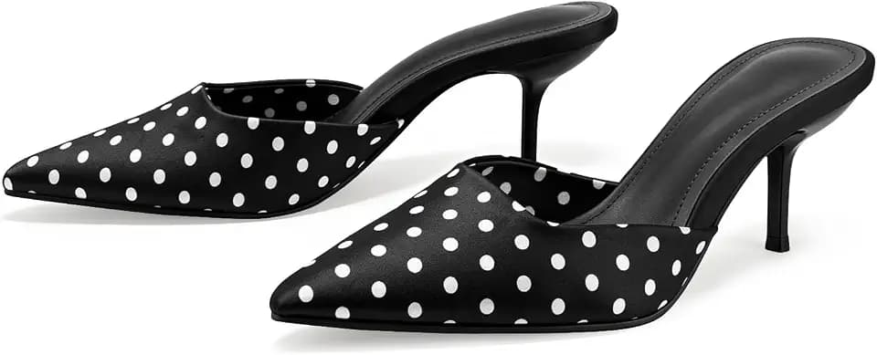 baobeijiadao Pointed Toe Heels for Women Polka Dot Heeled Mules Backless Pumps Satin Heeled Sandals Womens Stiletto Heel Shoes Evening Party Wedding