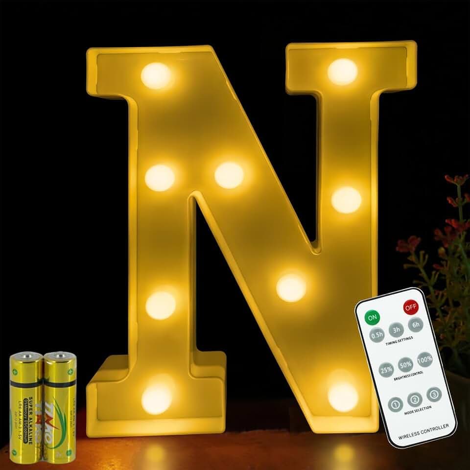 Buchstaben Lichter HONPHIER® Buchstabe Lampe Fernbedienung Alphabet Lampe LED Brief Beleuchtung Buchstabe Licht Beleuchtete Buchstaben Nachtlichter Dekoration für Geburtstag Party Hochzeit (N)