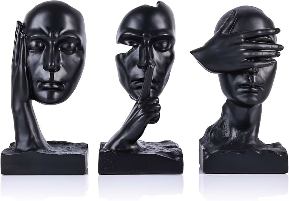 Thinker Statue Set of 3 See No Evil Hear No Evil Speak No Evil Figurines Abstract Sculpture Resin Decor for Home Office Living Room Shelf Desk Men Modern Art Decorative Pieces (Black)