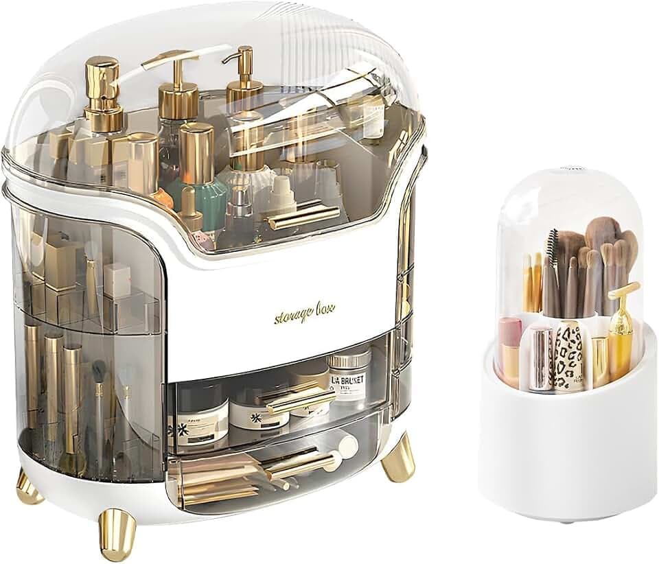 Makeup Organizer for Vanity, Skincare Organizer, Makeup Storage Drawers, Cosmetics Organizer with Lid, Makeup Brush Holder Rotating, Dressing Table Organizer, Large Makeup Box(White)