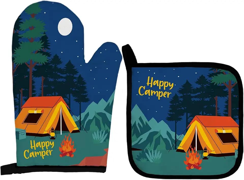Camper Camping Gifts Oven Mitts and Pot Holders Sets, Happy Camper Oven Mitts, Rv Camp Cooking Over Mittens for Kitchen Decor