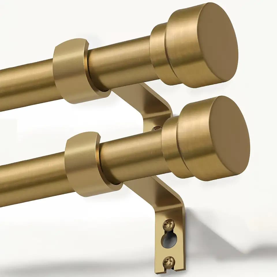 Lootkell 2 Pack Warm Gold Curtain Rods for Windows 28 to 48 Adjustable Length Heavy Duty 1" Diameter Brass Window Curtain Rod with Solid Metal Finials for Outdoor Farmhouse Bedroom Kitchen Living Room