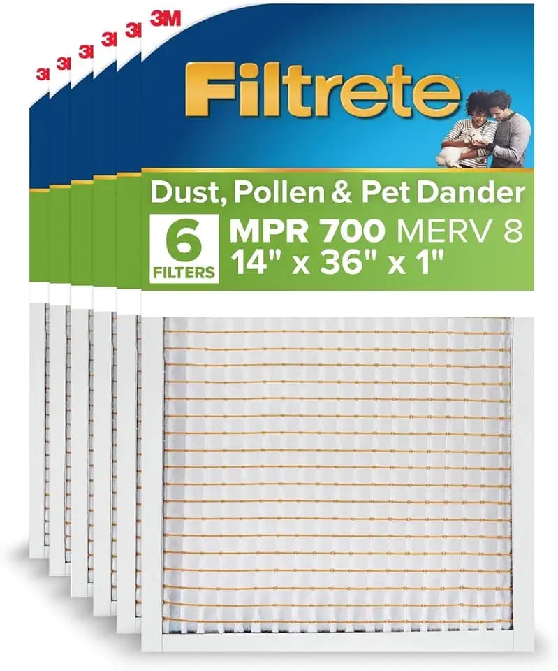 Filtrete 14x36x1 AC Furnace Air Filter, MPR 700, MERV 8, Tough on Pollen, Easy on Airflow, 3-Month Pleated 1-Inch Electrostatic Air Cleaning Filter, 6-Pack (Actual Size 13.81 x 35.81 x 0.81 in)