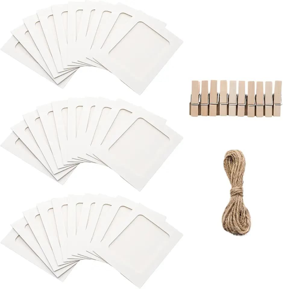 30Pcs 4x6Inch White Paper Photo Frames with String & Clips