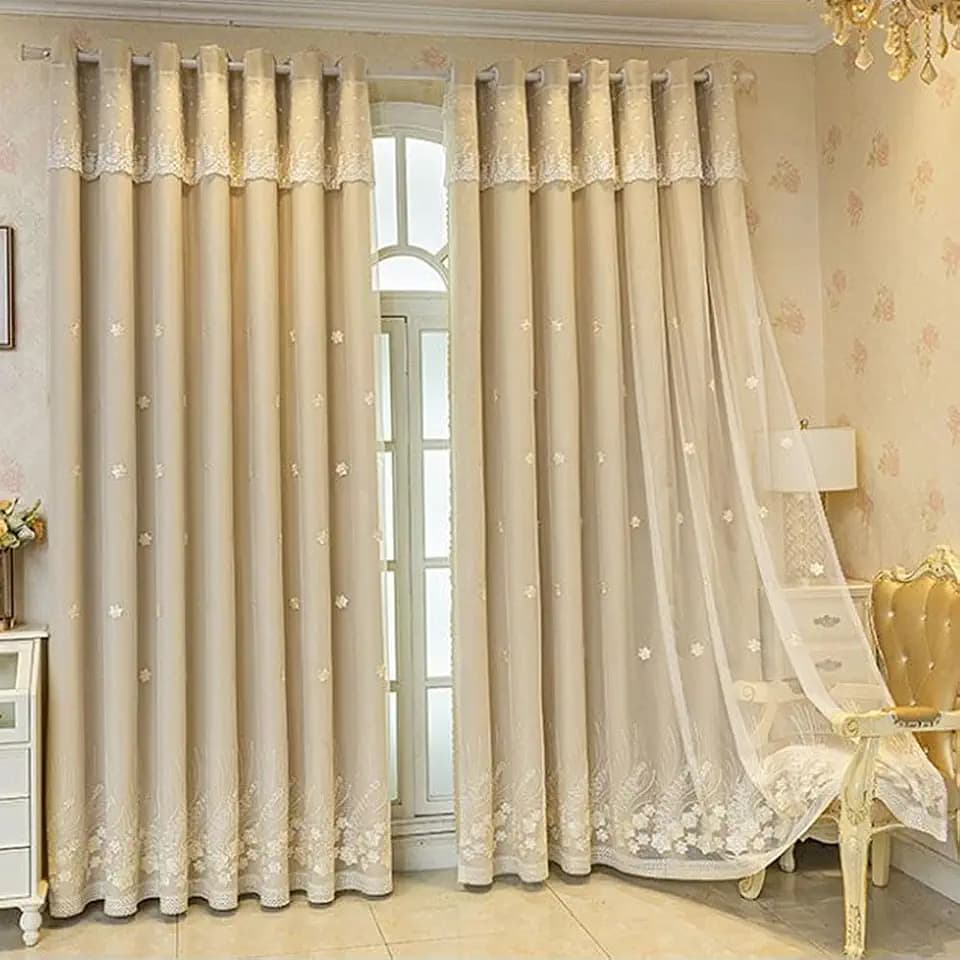 Amidoudou 1 Pair Double Layer Curtains for Girls Room Living Room Luxury Flower Patterned Embroidered Curtains for Bedroom (Beige,54x96 Inch)