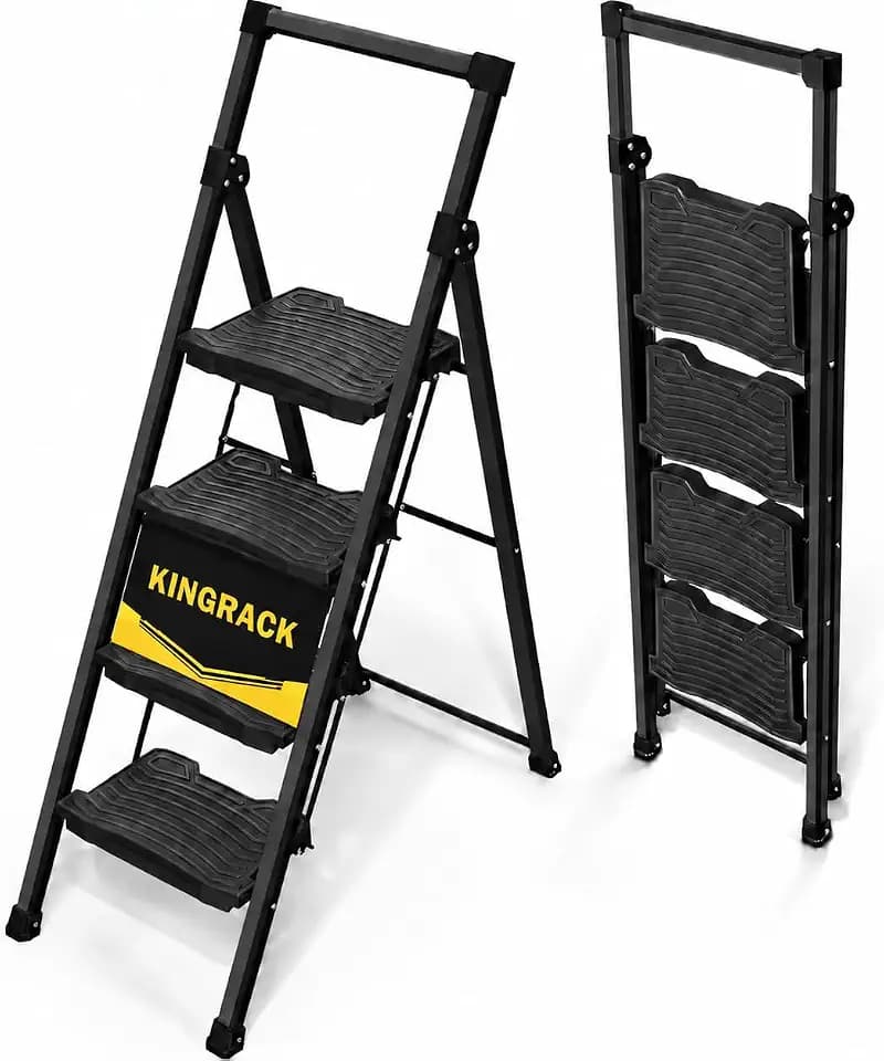KINGRACK Step Ladder 4 Step Folding, 900lbs 4 Step Ladder with Anti-Slip Wide Pedal and Handrails, Lightwight Household Ladder, Pass 900LBS Testing, for Your Kitchen, Pantry, Closets, Office Use