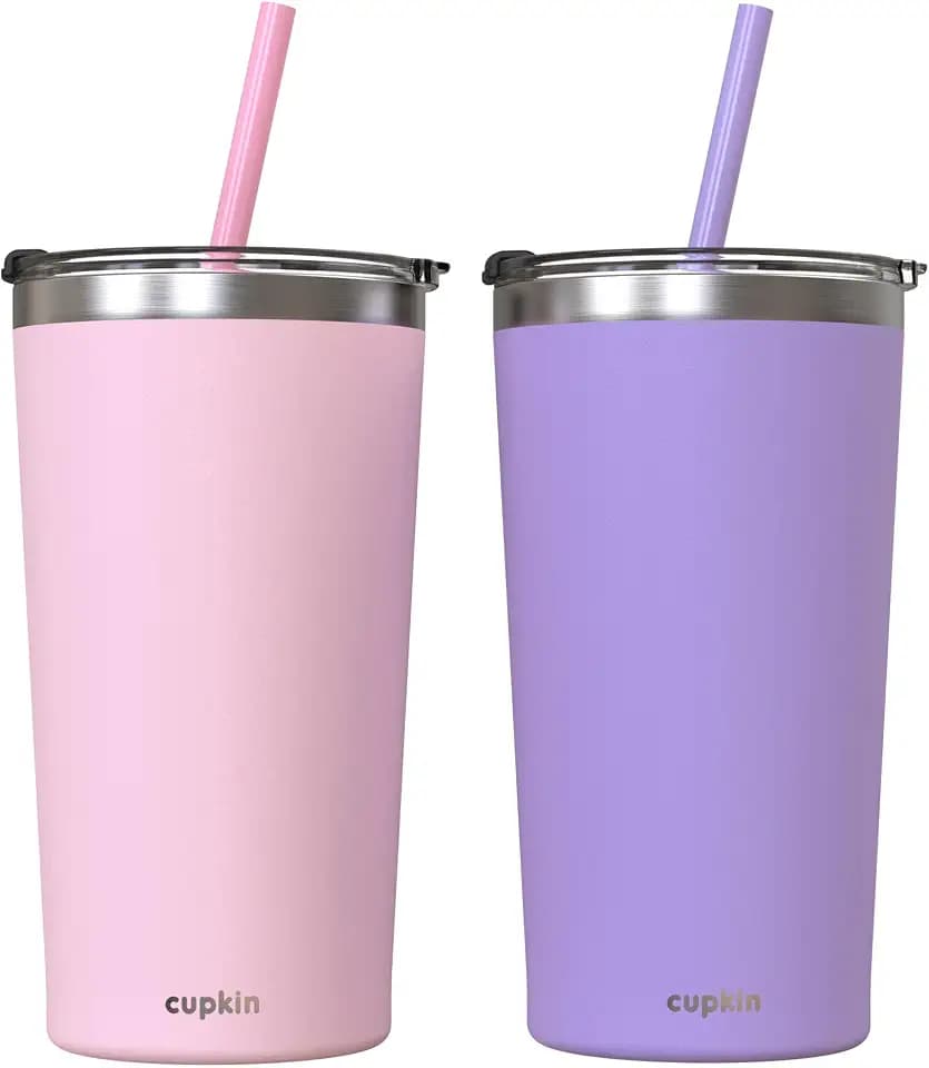 CUPKIN Stainless Steel Insulated Tumbler with Lid and Straw, 20 oz Stainless Steel Cups, Set of 2 Travel Coffee Mug for Adults, Iced Coffee Cup with Lid, Tumbler for Travel (Pink + Purple)