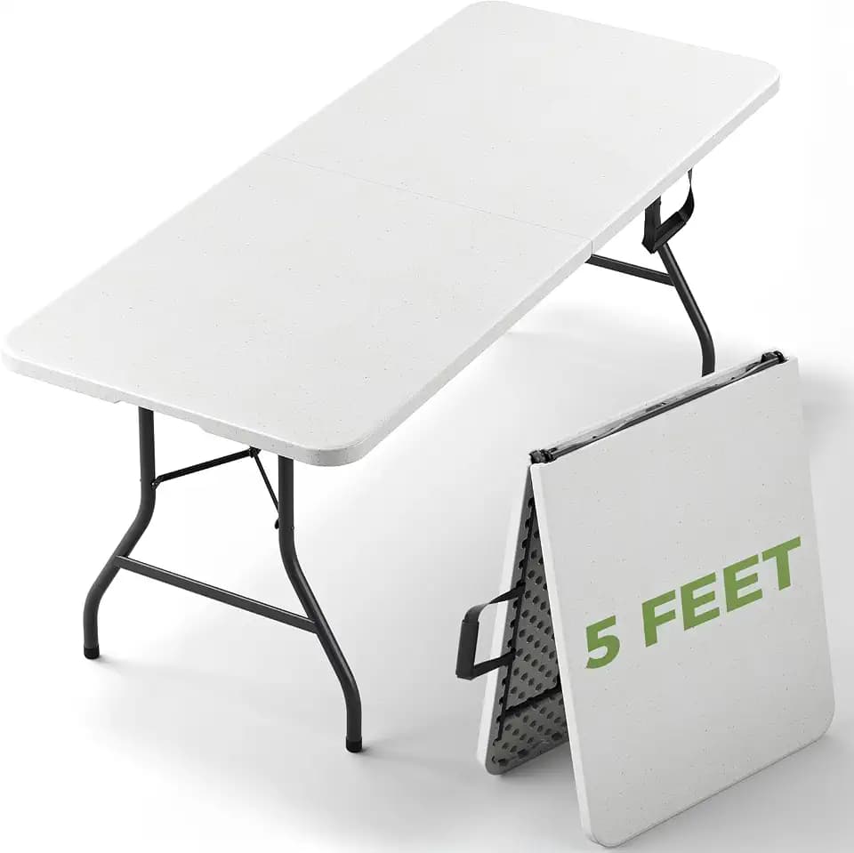 Folding Table, 5 FT Foldable Plastic Table with Carrying Handle, Heavy Duty Portable Fold-in-Half Utility Table for Party, Camping, Banquet, Craft, Wedding, Indoor & Outdoor Use