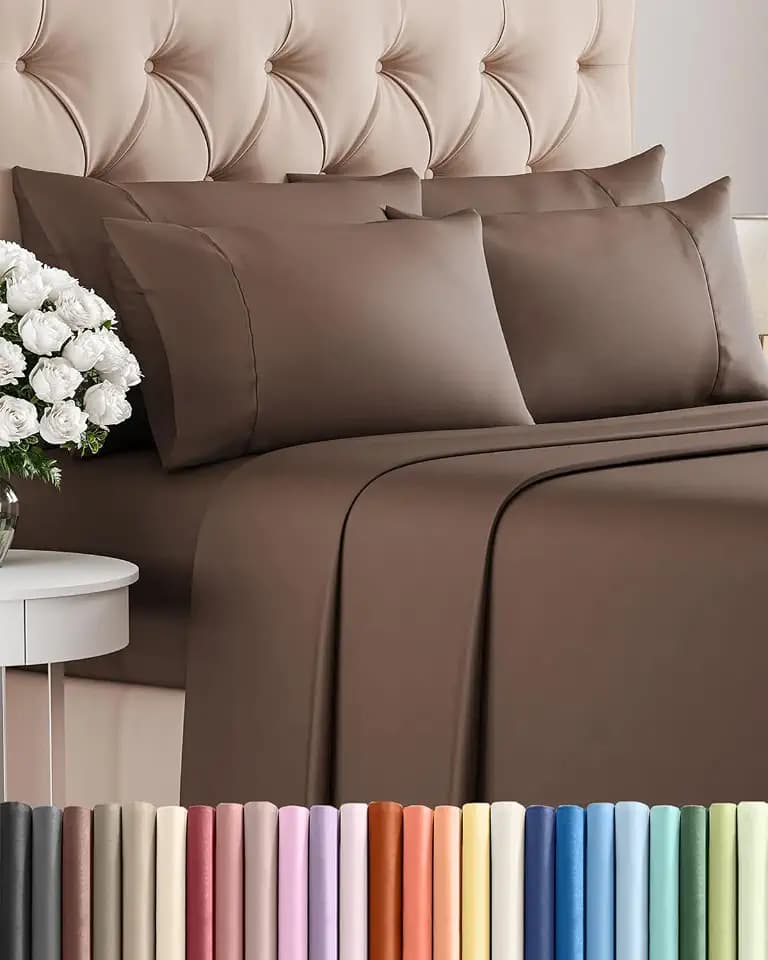 King 6 Piece Bed Sheet Set - Comfy, Breathable & Cooling Sheets - Brown