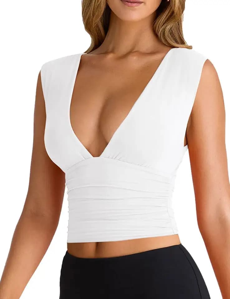 YFANG Women's Sexy Deep V-Neck Ruched Sleeveless Crop Tank Top Stretchy Double Layer Slim Fitted Going Out Crop Top