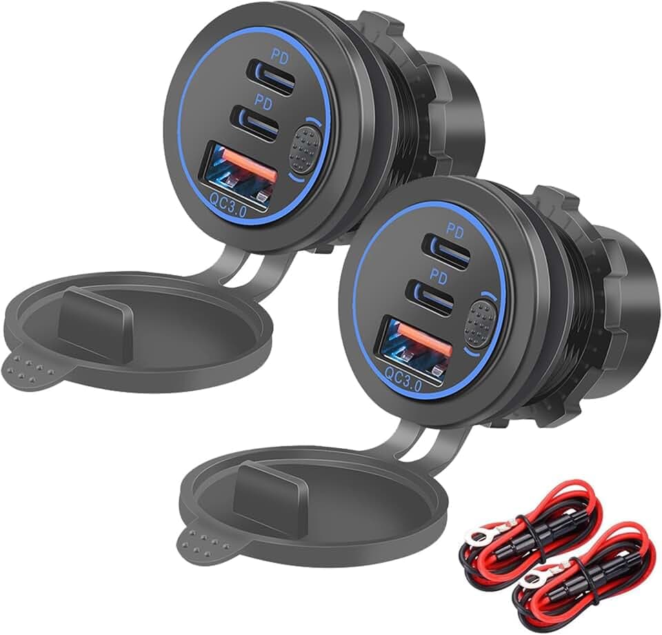 12v USB Steckdose, 75W, PD und QC3.0 Motorrad Steckdose Wasserdicht, Einbaubuchse mit Schalter und Blau Spannungsanzeige, USB Buchse Einbau für 12-24v Kfz Boot LKW Wohnwagen(2 Stück)