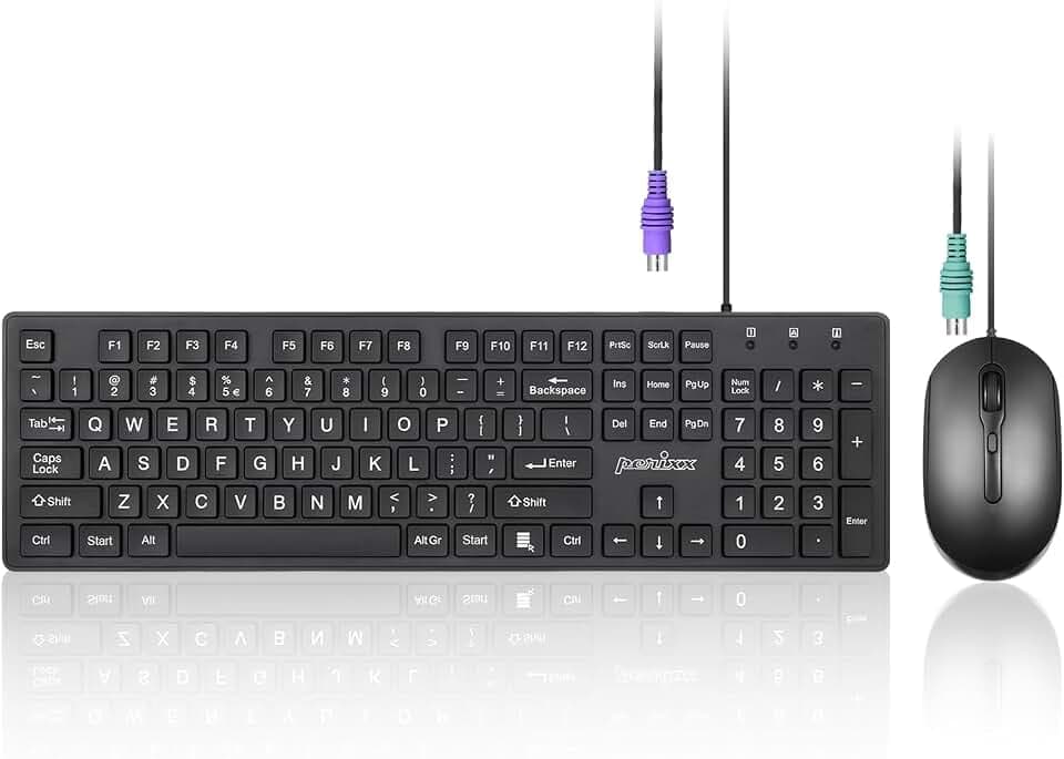 Perixx PERIDUO-117P, Wired Standard PS2 Keyboard and Mouse Combo - Full-Size Layout - Bundle with 3 Button Optical PS2 Mouse - 5.9Ft Cable - Black