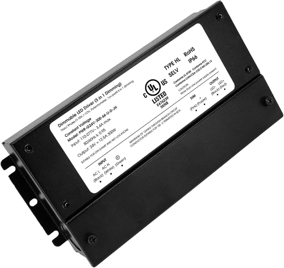 HitLights 300W Dimmable LED Driver, 120VAC to 24VDC Transformer, UL Listed