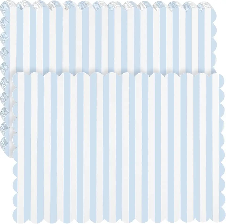 Tinlade 100 Pcs Blue Striped Paper Placemats Scalloped Disposable Placemat