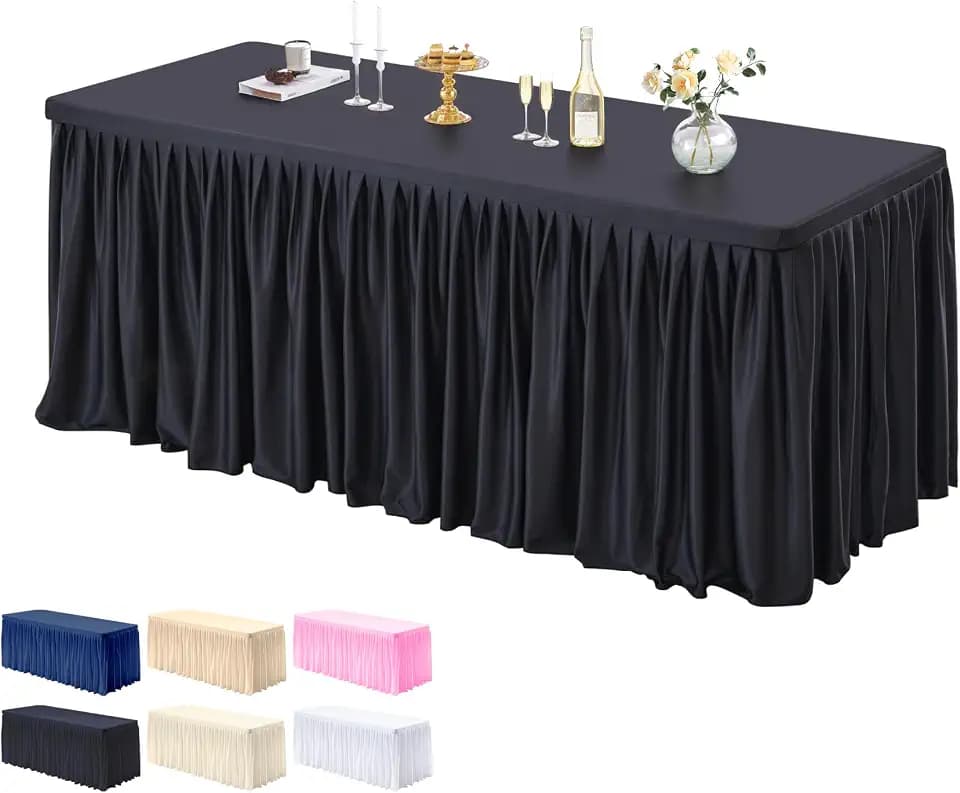 PARTISKY 1 Pack Black Tablecloths for Rectangle Tables 8ft, Wrinkle Resistant Black Table Cover Fitted Stretch Table Cloth with Pleated Ruffle Skirts for Party Banquet Dining Birthday Wedding