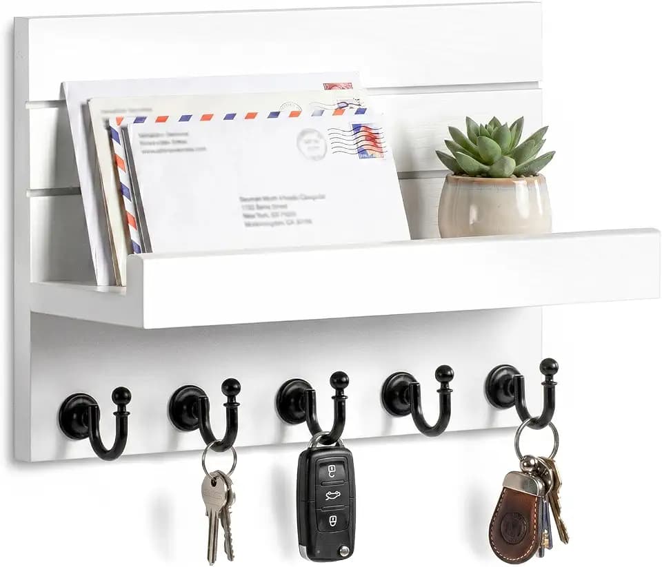 HONJIN Key Holder Wall Mount with Shelf and 5 Sturdy Key Hooks (White)