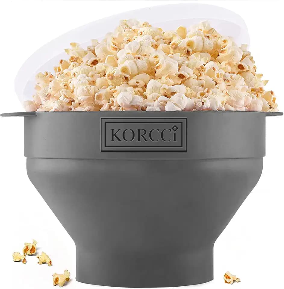 The Original Korcci Microwaveable Silicone Popcorn Popper, Microwave Popcorn Popper, Collapsible Microwave Popcorn Maker Bowl, No Oil Needed, Use In Microwave, Dishwasher Safe (Grey)