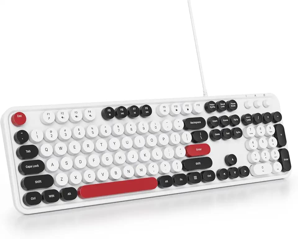 Cute Tastatur Fullsize mit Runde Tasten,Retro Membran Schreibmaschine Tastatur Amerikanisch QWERTY, 104 Tasten Office USB Kabelgebundene in Voller Größe für Computer Desktop GT108 White