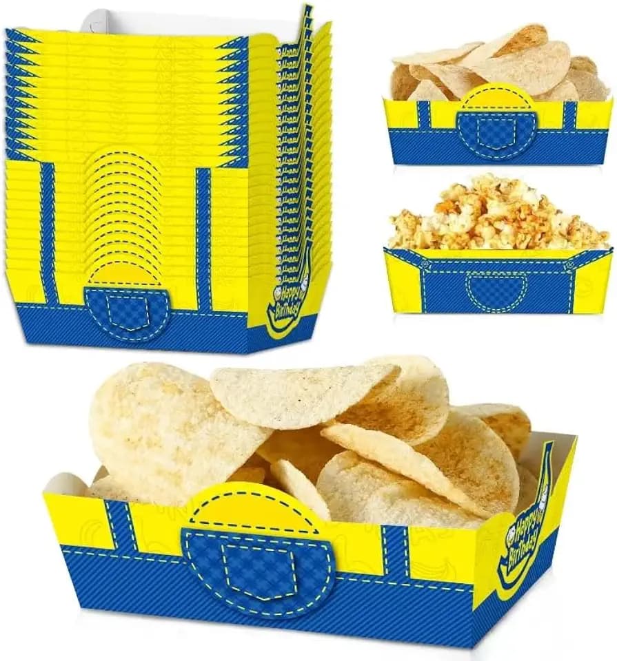 24Pcs Cartoon Yellow Food Tray Favors Paper Food Serving Tray Birthday Party Supplies Yellow Theme Cartoon Paper Trays for Birthday Party Decorations