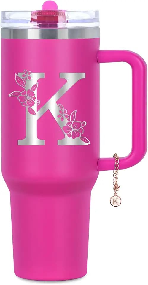 Personalized 40 oz Monogrammed Tumbler with Handle & Flip Straw, 100% Leak Proof stainless steel Insulated Tumbler, Customized Initial Funny Gifts for Women Mom Sisters Coworker, K