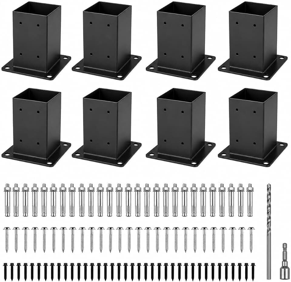 (8PCS) 4x4 Post Base, 3.6"x3.6" Inner Size Post Anchor, 13GA Heavy Duty Steel & Black Powder Coated, Deck Post Bracket for Fence, Pergola, Mailbox, Deck Railing – with Screws & Concrete Anchors
