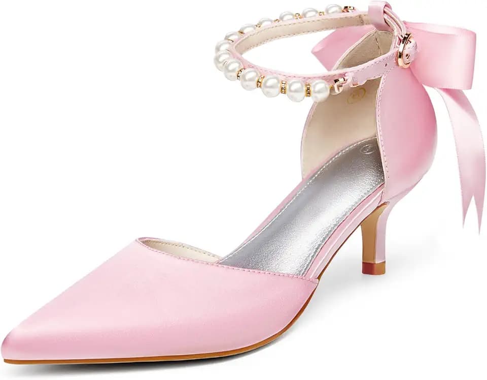 Coutgo Womens Pearl Ankle Strap Pumps Low Kitten Heel D'Orsay Satin Back Tieknot Heels Pointed Toe Wedding Party Dress Shoes