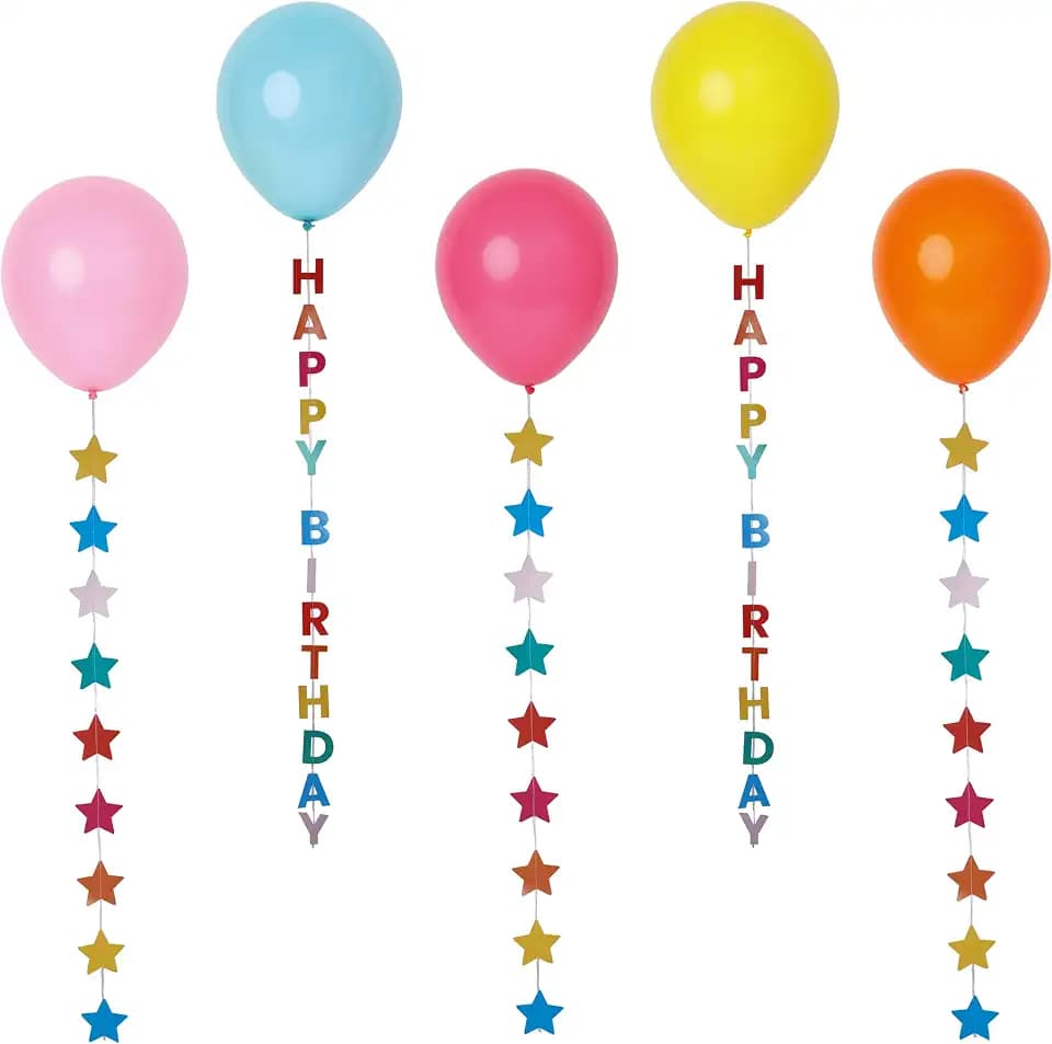 Talking Tables 5 x Birthday Balloons with Colorful Stars Hanging Party Decorations with 1 Metre String Yellow Pink Blue Orange Pastel Colours Ceiling Balloon 11.8 Inches when Inflated