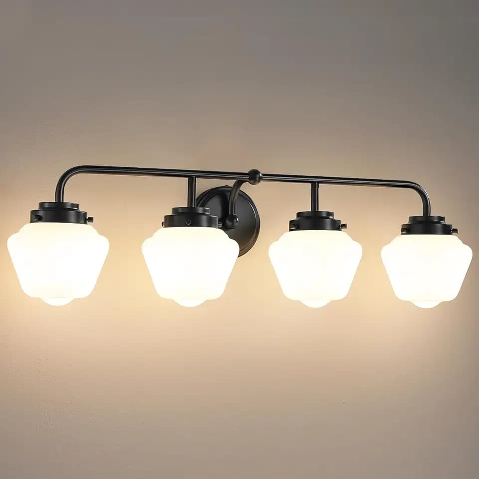 RUIYEY Bathroom Vanity Light Fixtures: 4-Light Matte Black Bathroom Lighting Fixtures Over Mirrors, Farmhouse Rustic Wall Sconce with Milky White Glass for Bath Living Room Cabinet
